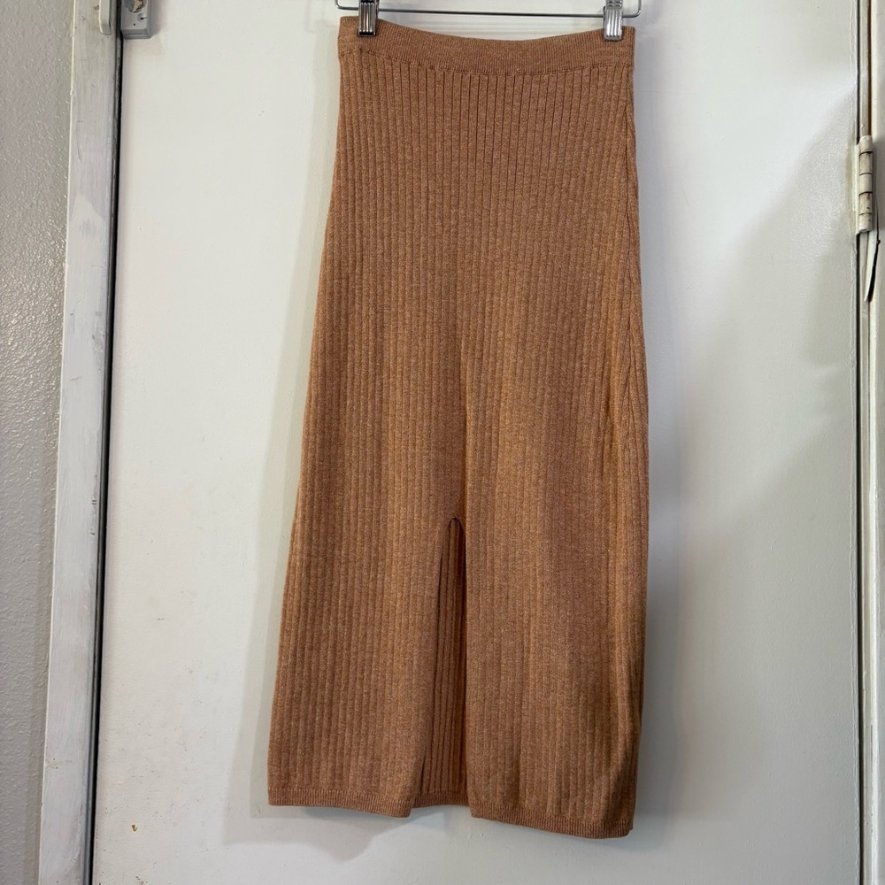 Free People Skyline Rib-Knit Midi Skirt Tan Stretch Open Slit Front Tan XS Sexy - Picture 5 of 11